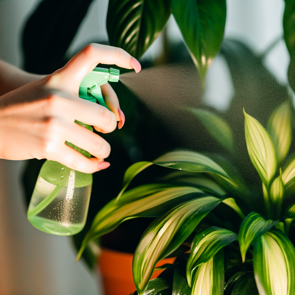 A person misting a plant's leaves with a spray bottle.