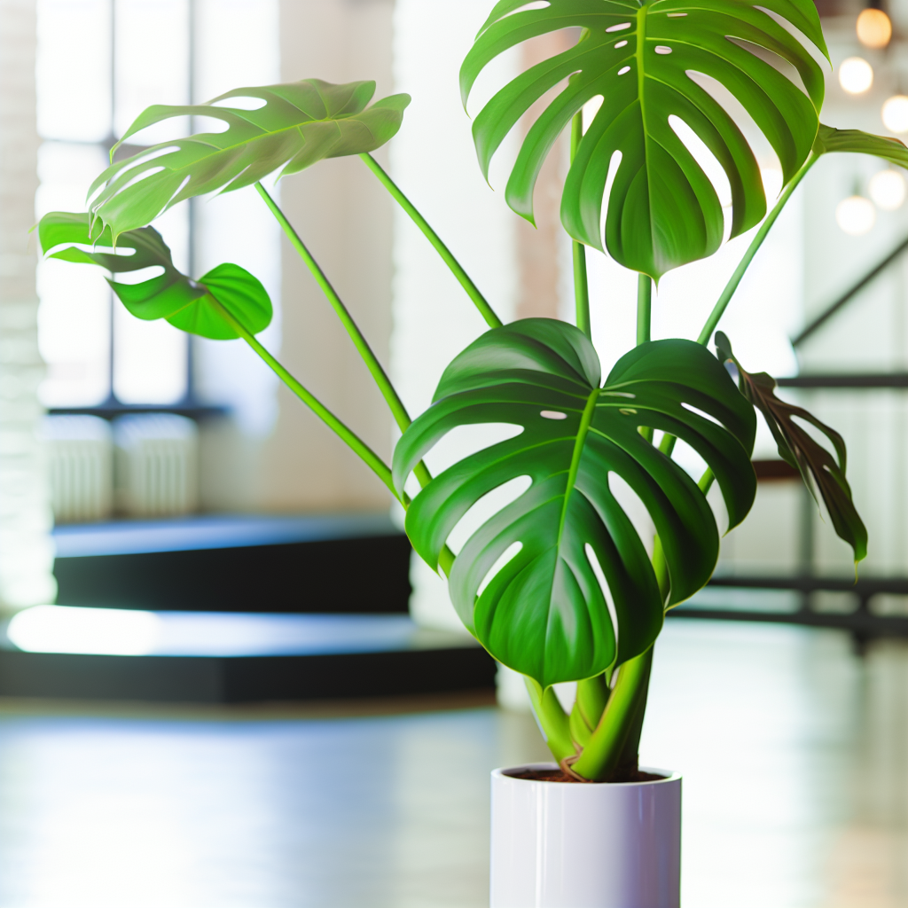 A healthy Monstera Deliciosa with large, split leaves.