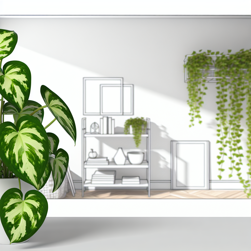 A lush Pothos plant with long, trailing vines in a hanging basket.