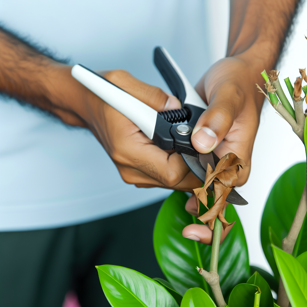 Pruning a houseplant with clean scissors.