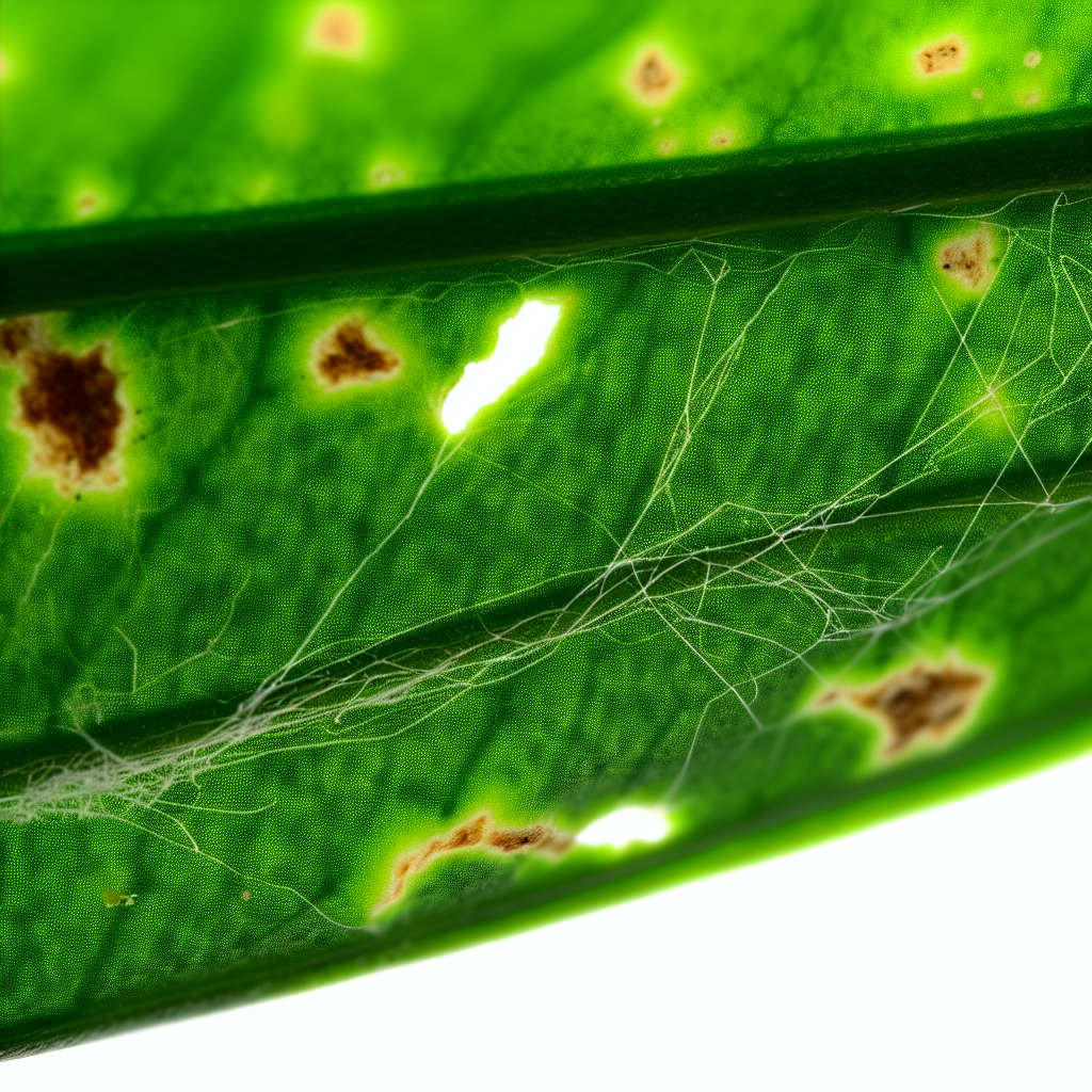A leaf with fine webbing from spider mites.