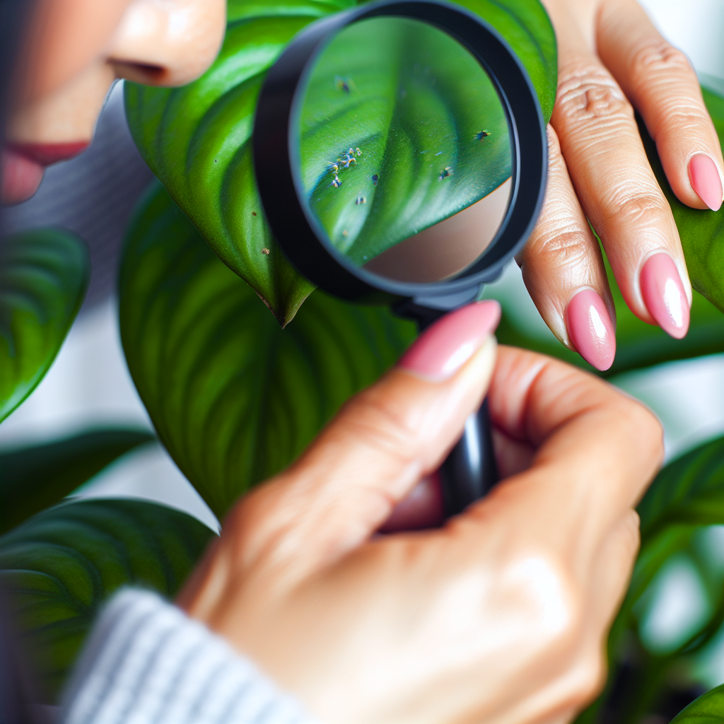 A person spraying the underside of a leaf.