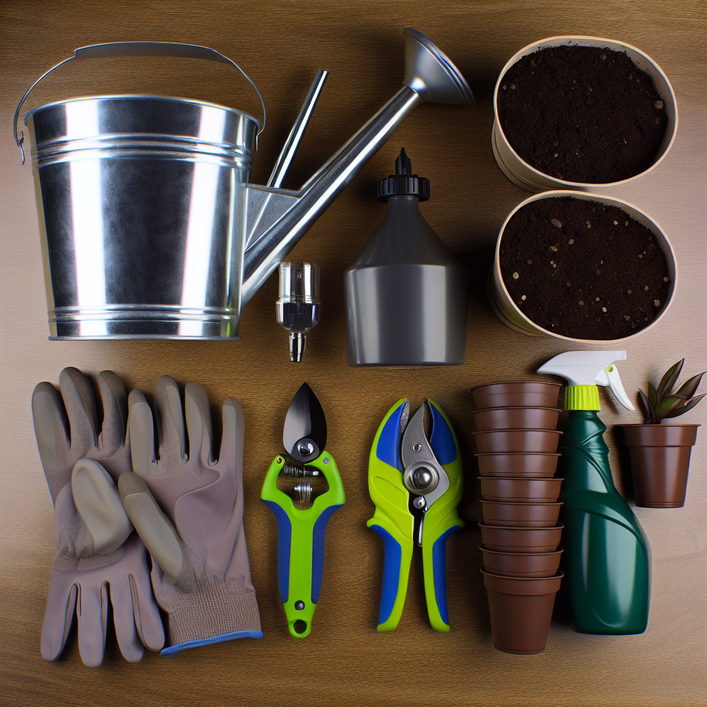 Essential plant care tools and supplies.