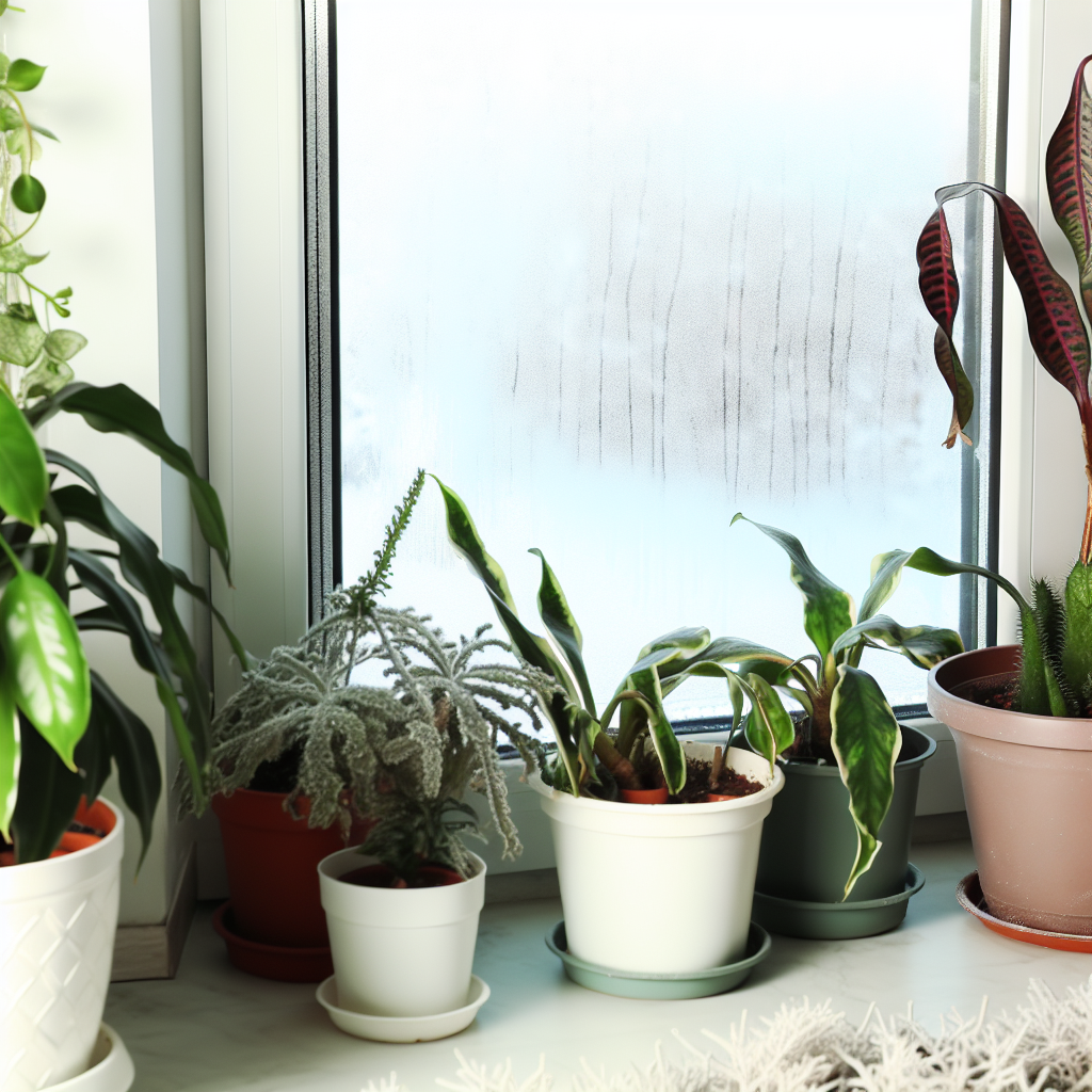 A plant on a windowsill with snow outside.