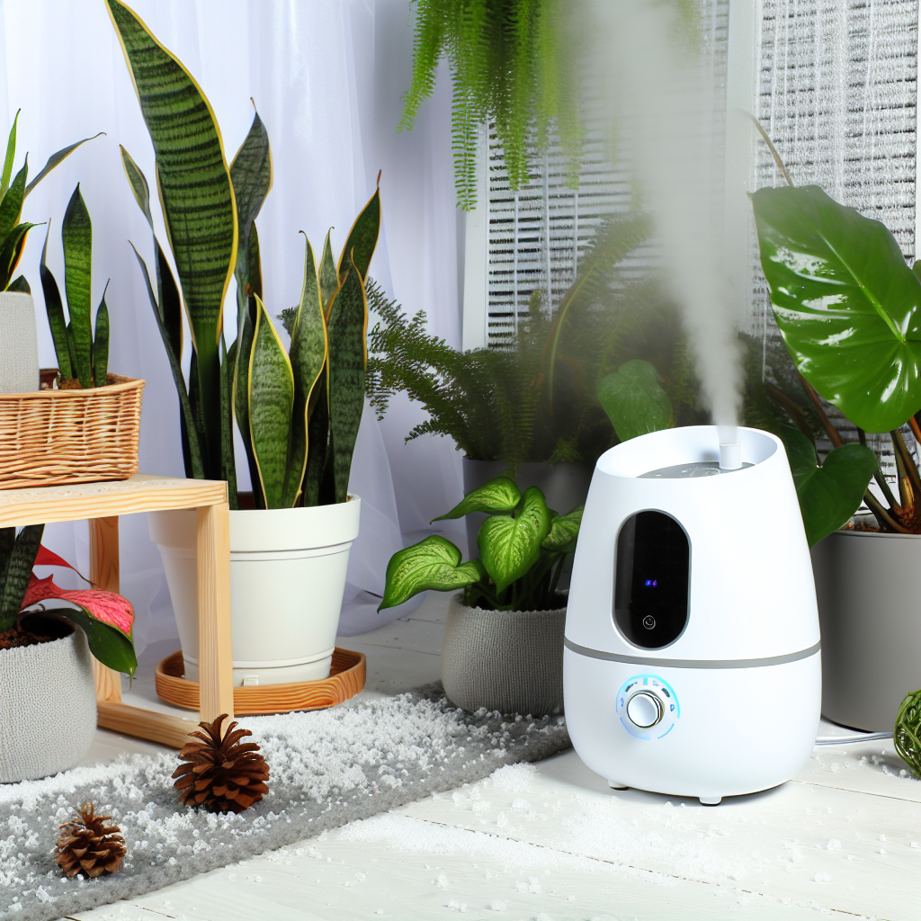 A humidifier running next to a group of plants.